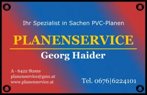 Planenservice Logo mit Kontaktdetails und Slogan in Deutsch, rot-blauer Hintergrund.