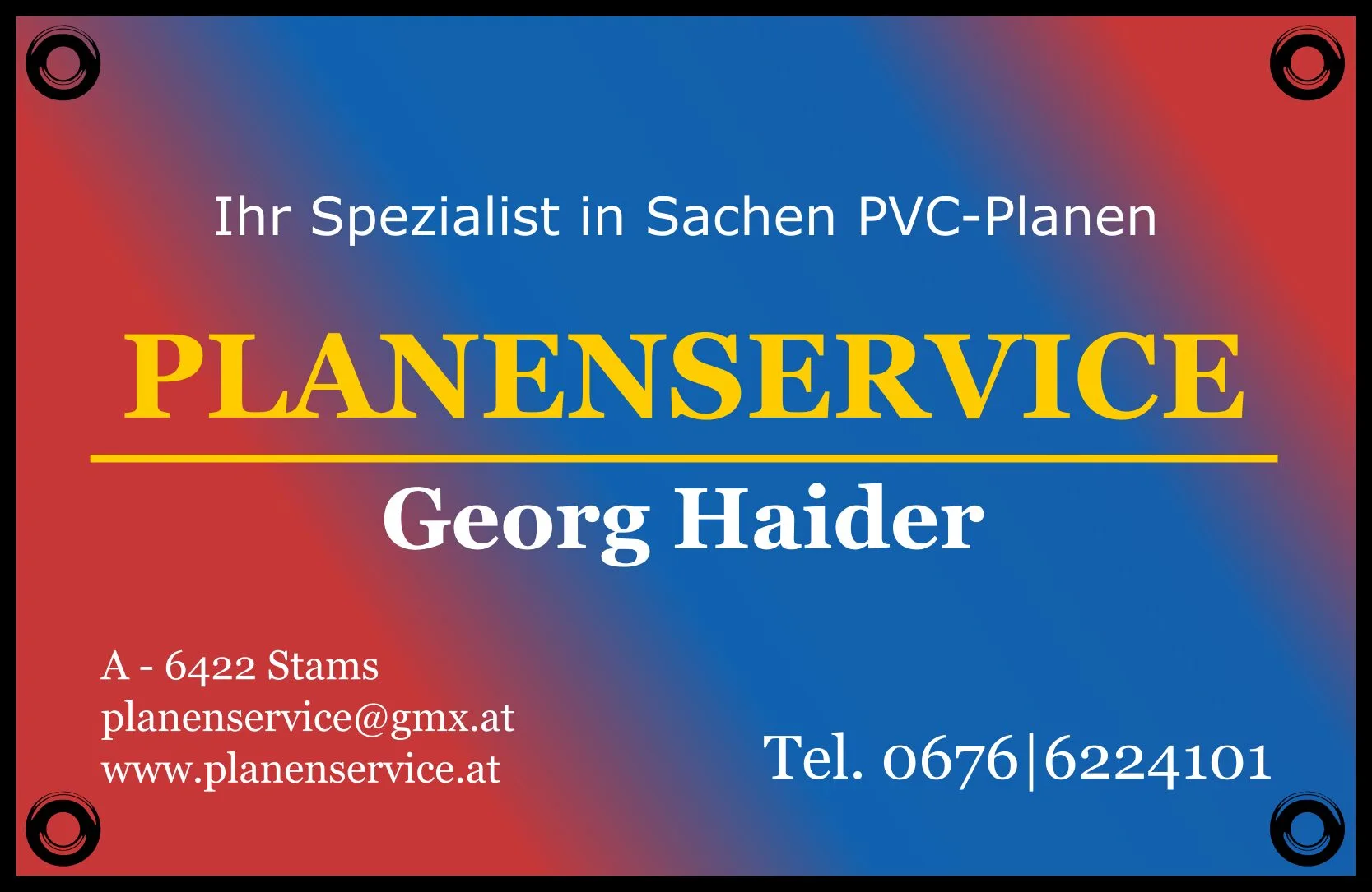 Planenservice Logo mit Kontaktdetails und Slogan in Deutsch, rot-blauer Hintergrund.